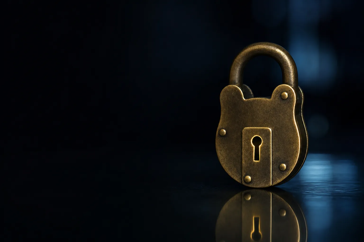 Antique brass padlock on dark glass surface with warm gold keyhole highlight and soft cool blue reflection, cinematic low-key