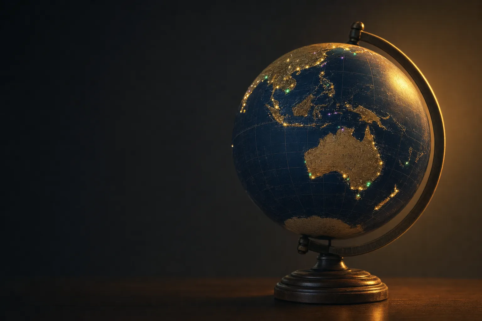 Antique world globe on dark wooden stand, deep navy oceans, Australia facing viewer, warm gold rim light on dark charcoal bac