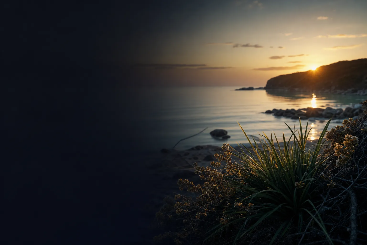 Peaceful Australian coastal dawn with warm gold sunrise over still teal water and dark charcoal foreground, cinematic and hop