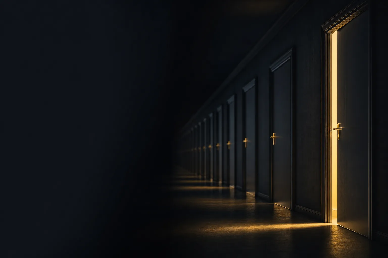Dark cinematic corridor with identical plain closed doors receding into distance, one door ajar casting warm gold light onto 