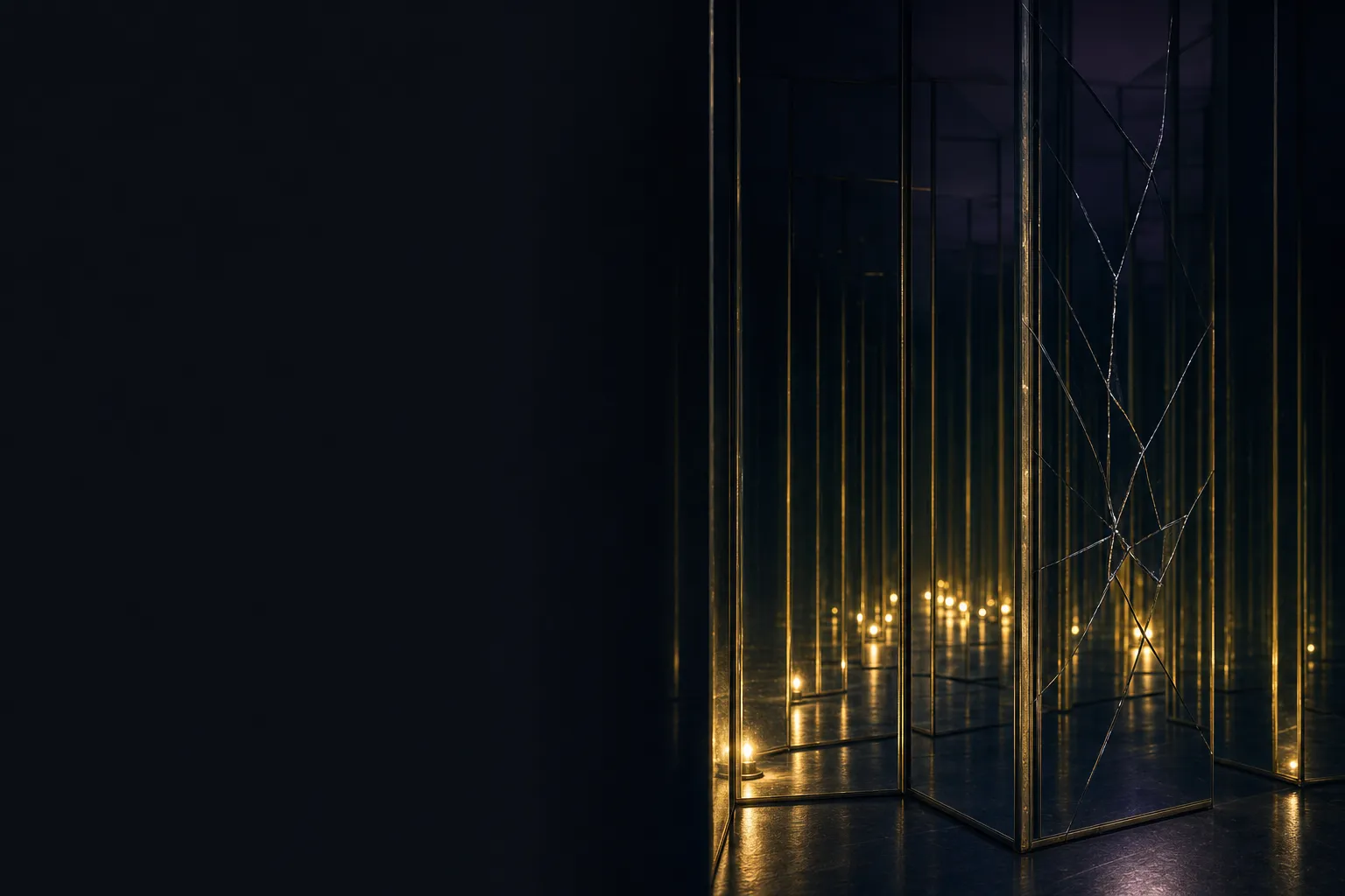 A cinematic corridor of tall dark mirrors reflecting a single gold light into infinite receding depths, one mirror slightly c