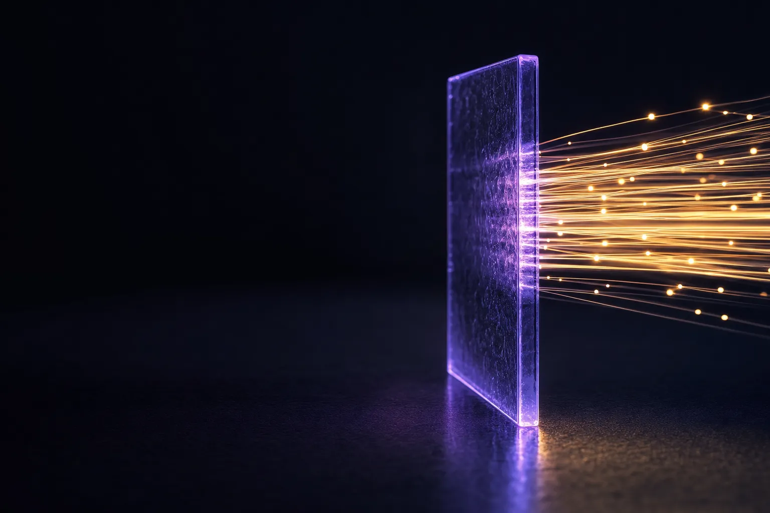 Glowing gold fibre-optic light streams halted by a translucent violet glass barrier on dark charcoal background, cinematic lo