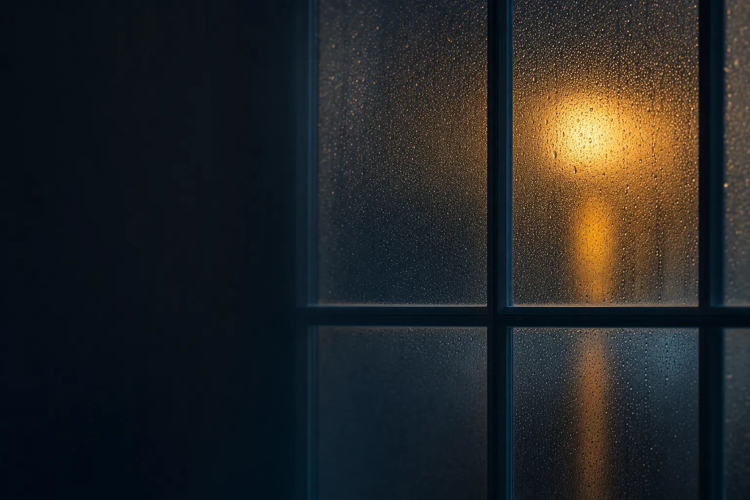 Frosted glass panes with soft gold light glowing behind them, fine water droplets on the surface, deep charcoal background on