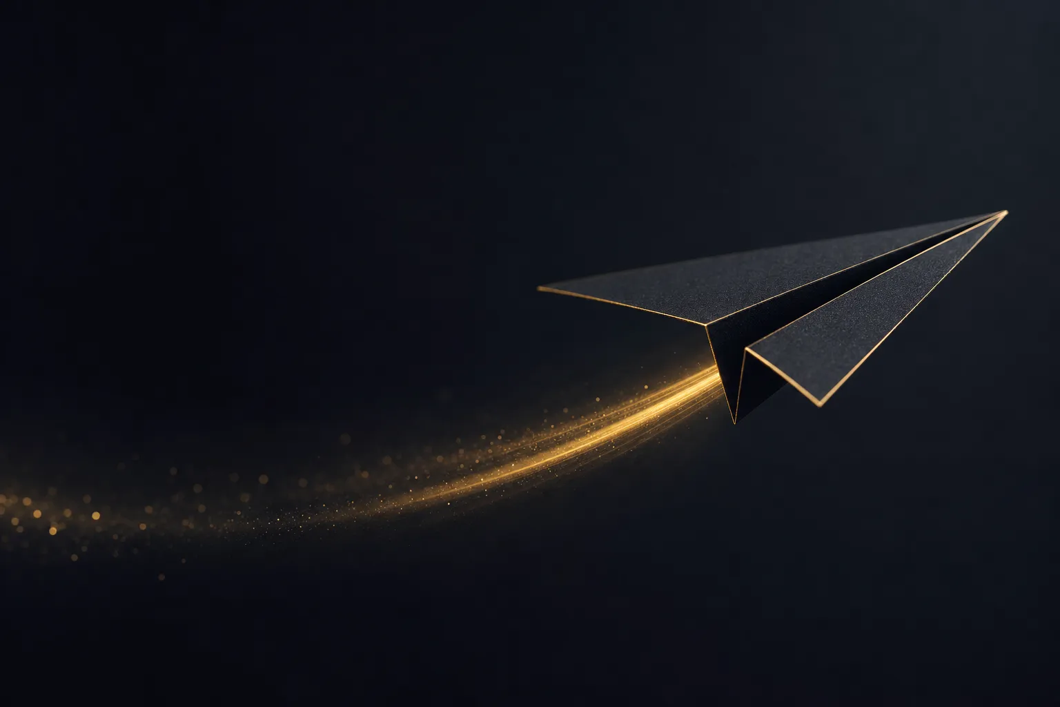 A dark paper plane with gold edges glides through deep charcoal space, leaving a warm gold light trail, on a cinematic dark b