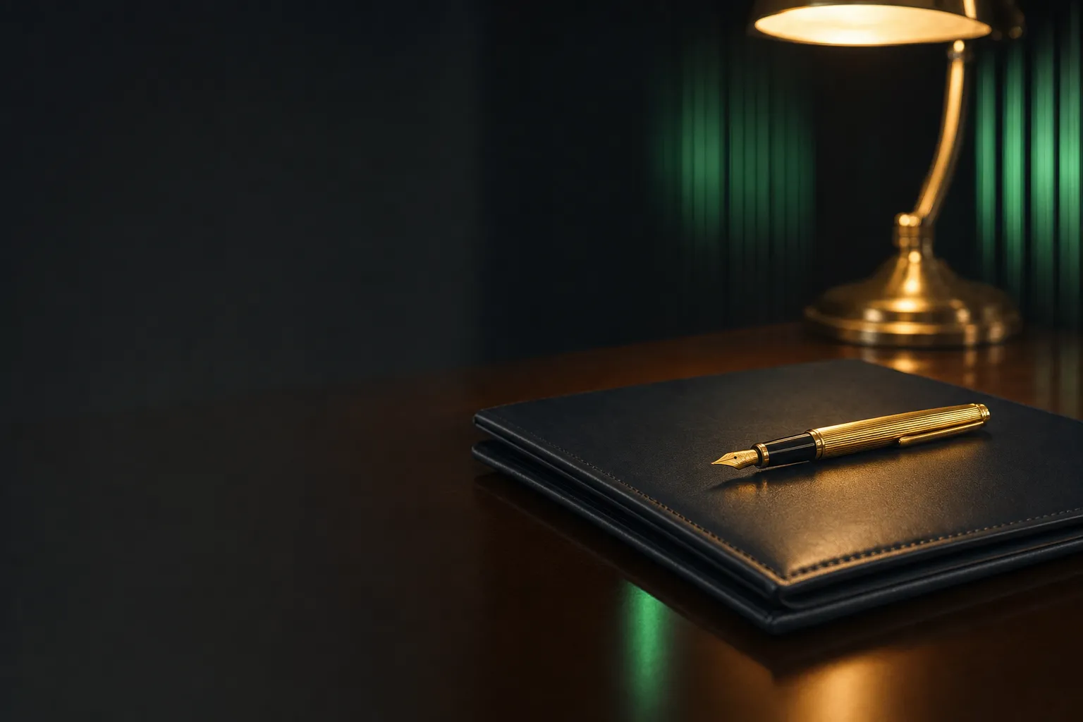 Gold fountain pen resting on a closed dark leather folder on a polished wooden desk with warm lamp light and cinematic low-ke