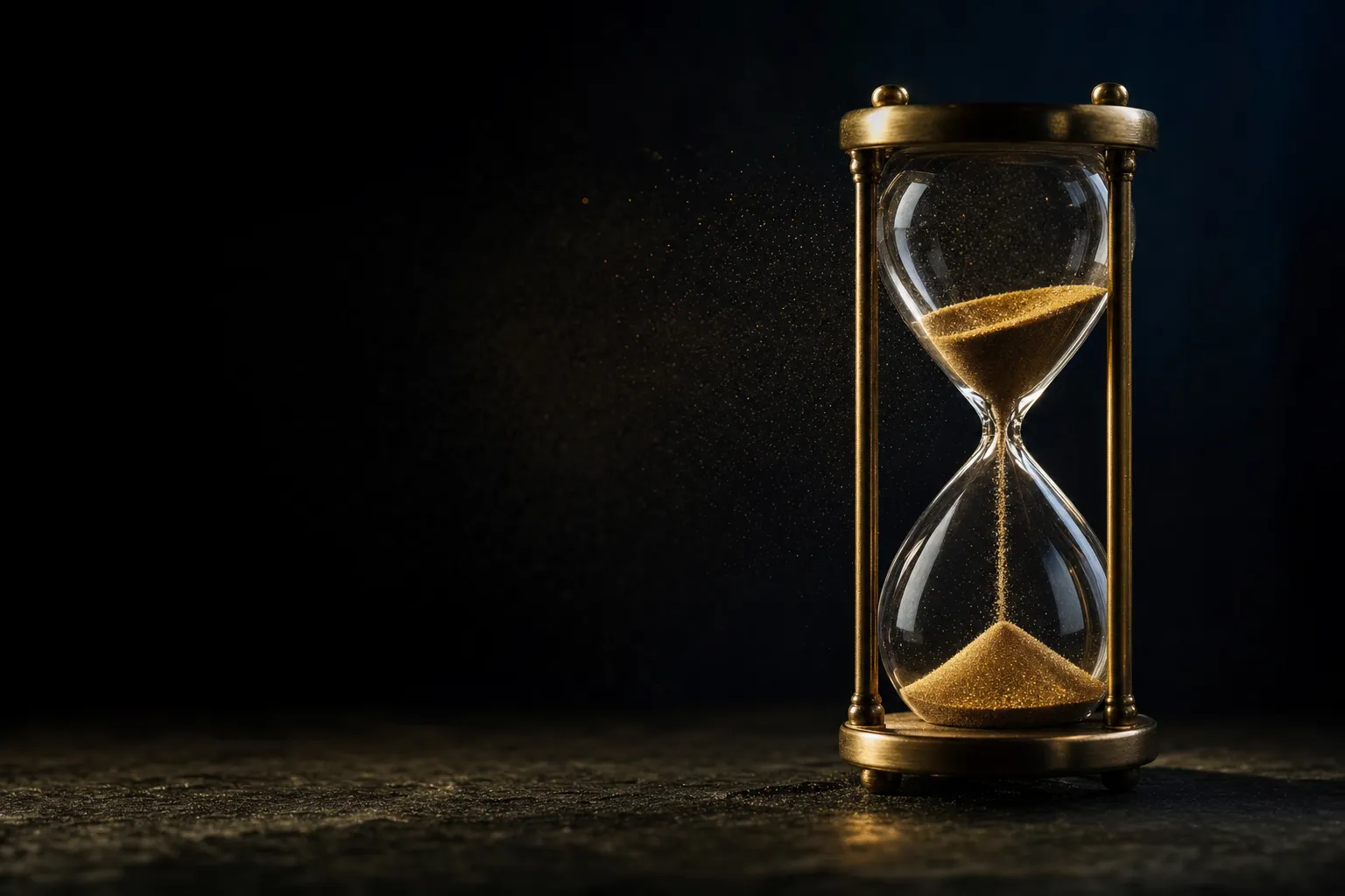 Elegant hourglass with golden sand caught mid-fall on a dark charcoal surface, cinematic spotlight, symbolising a pending pay