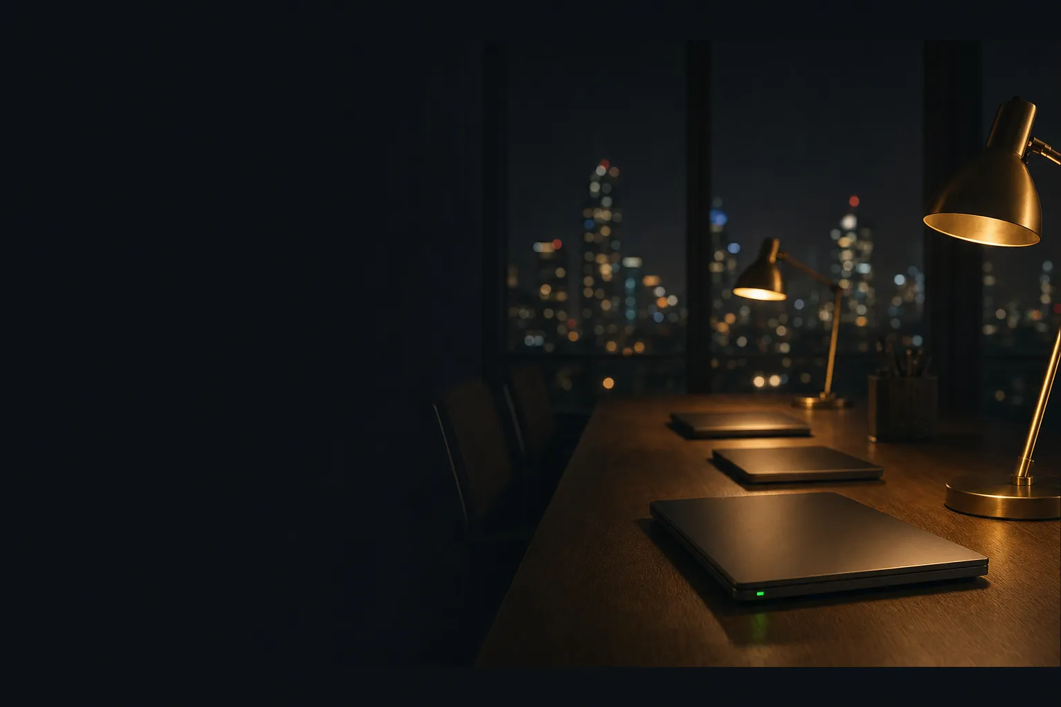 Dark cinematic workspace at night, three closed laptops on wooden table with warm gold lamp glow and blurred city lights behi