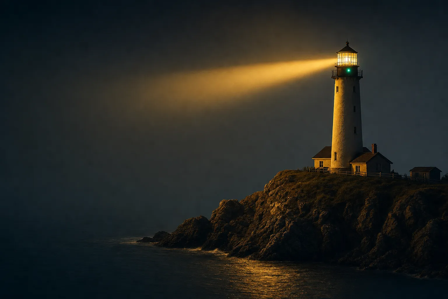 Lighthouse on rocky headland at night, warm gold beam sweeping dark calm sea, cinematic charcoal and gold palette