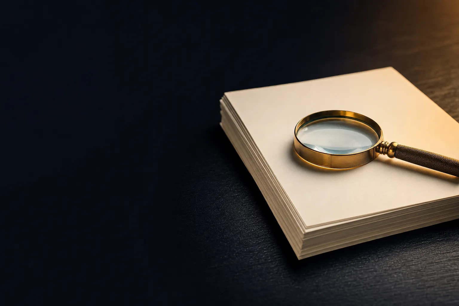 Brass magnifying glass resting on a neat stack of blank paper on a dark charcoal desk with warm gold rim lighting