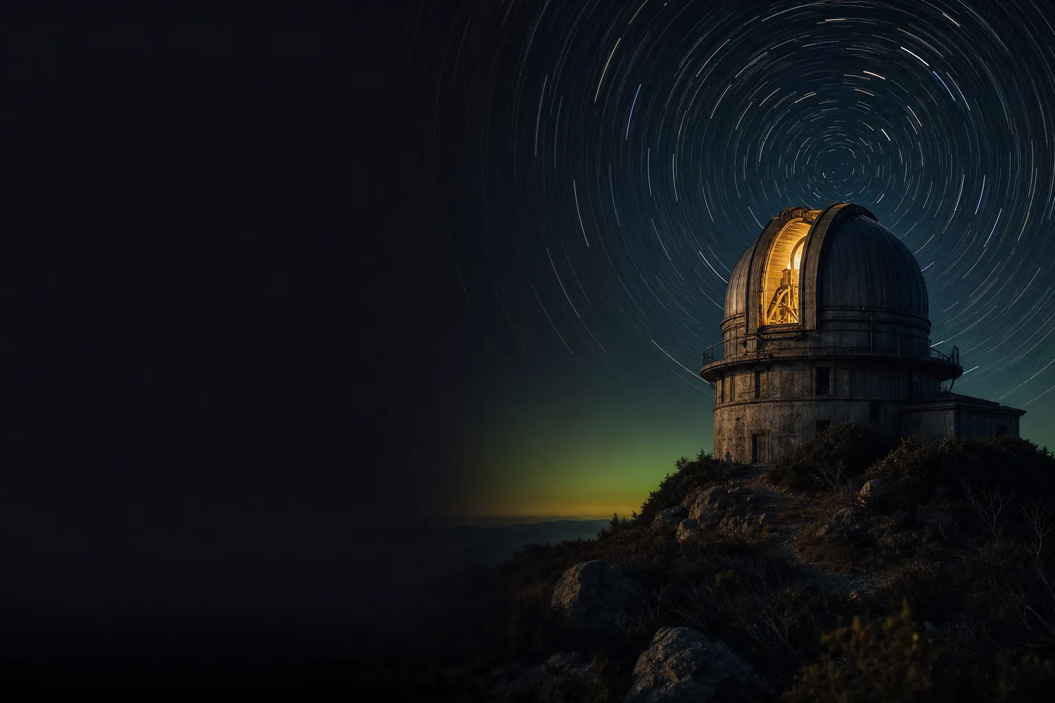 Old observatory dome on a hilltop at night with circular star trails overhead, warm gold glow from the open dome slit against