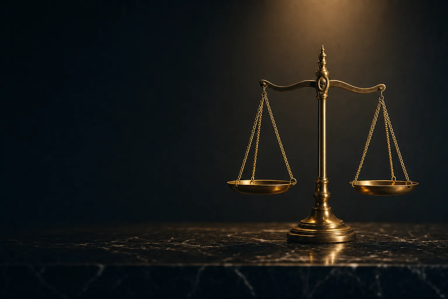 Classical brass scales of justice perfectly balanced on dark marble, lit by warm gold spotlight against deep charcoal backgro