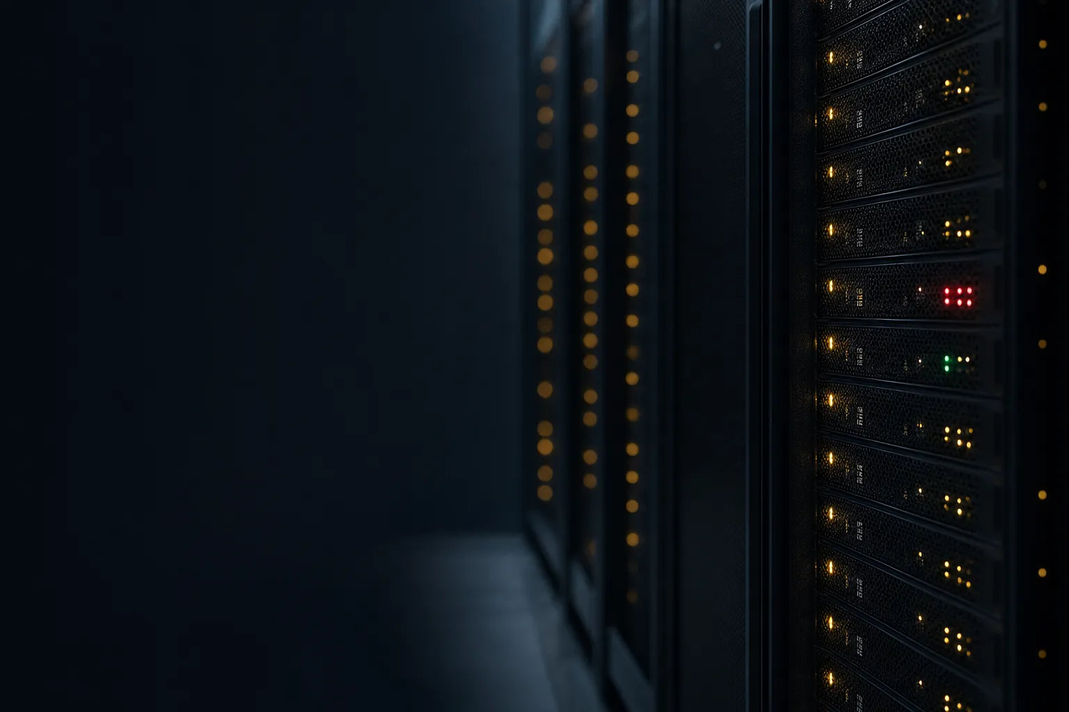 Dark cinematic server room aisle with rack servers glowing warm gold status lights, one small red cluster signalling a websit