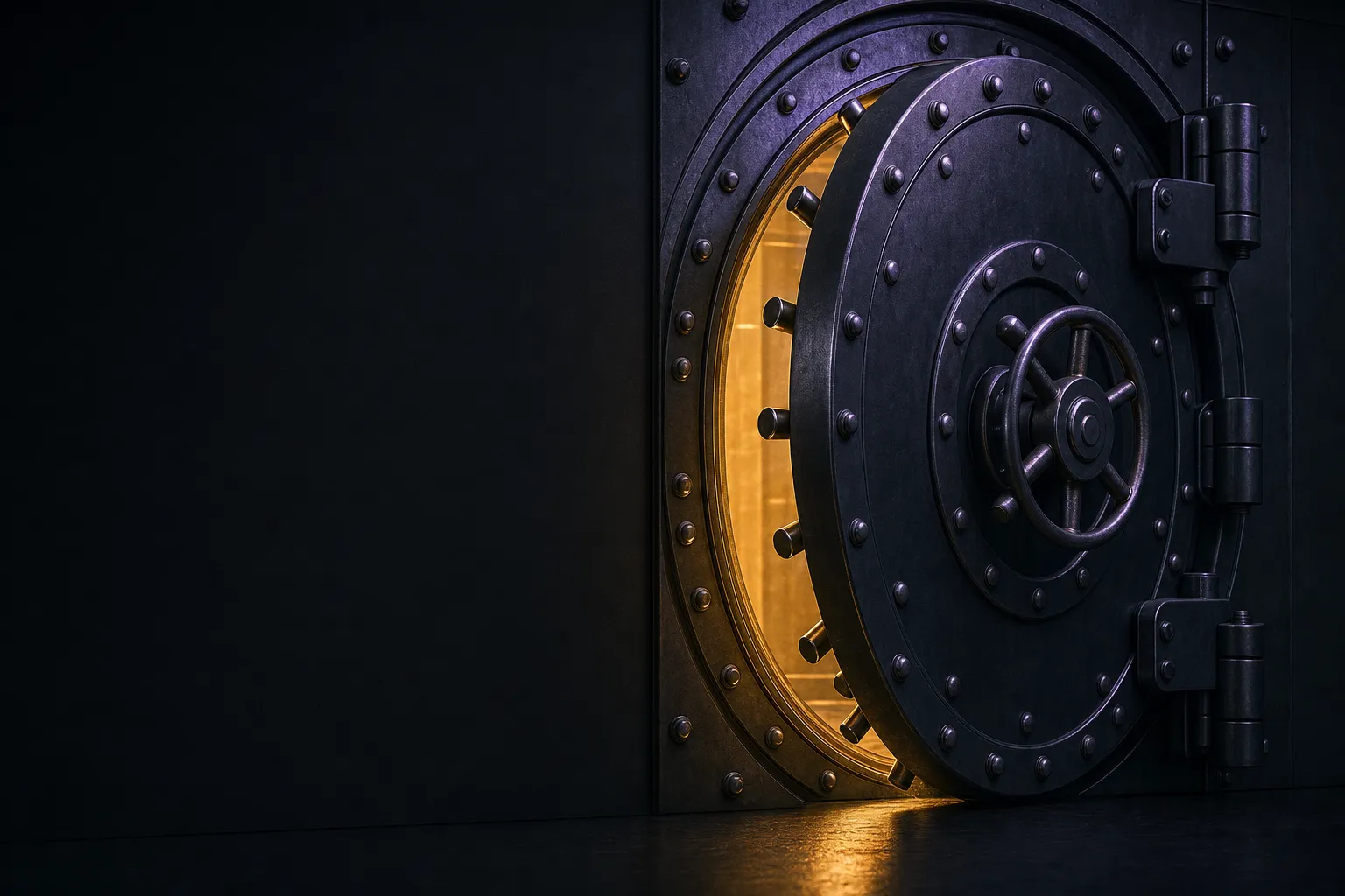 Heavy dark steel vault door slightly ajar with warm gold light leaking through the gap, cinematic low-key lighting on charcoa