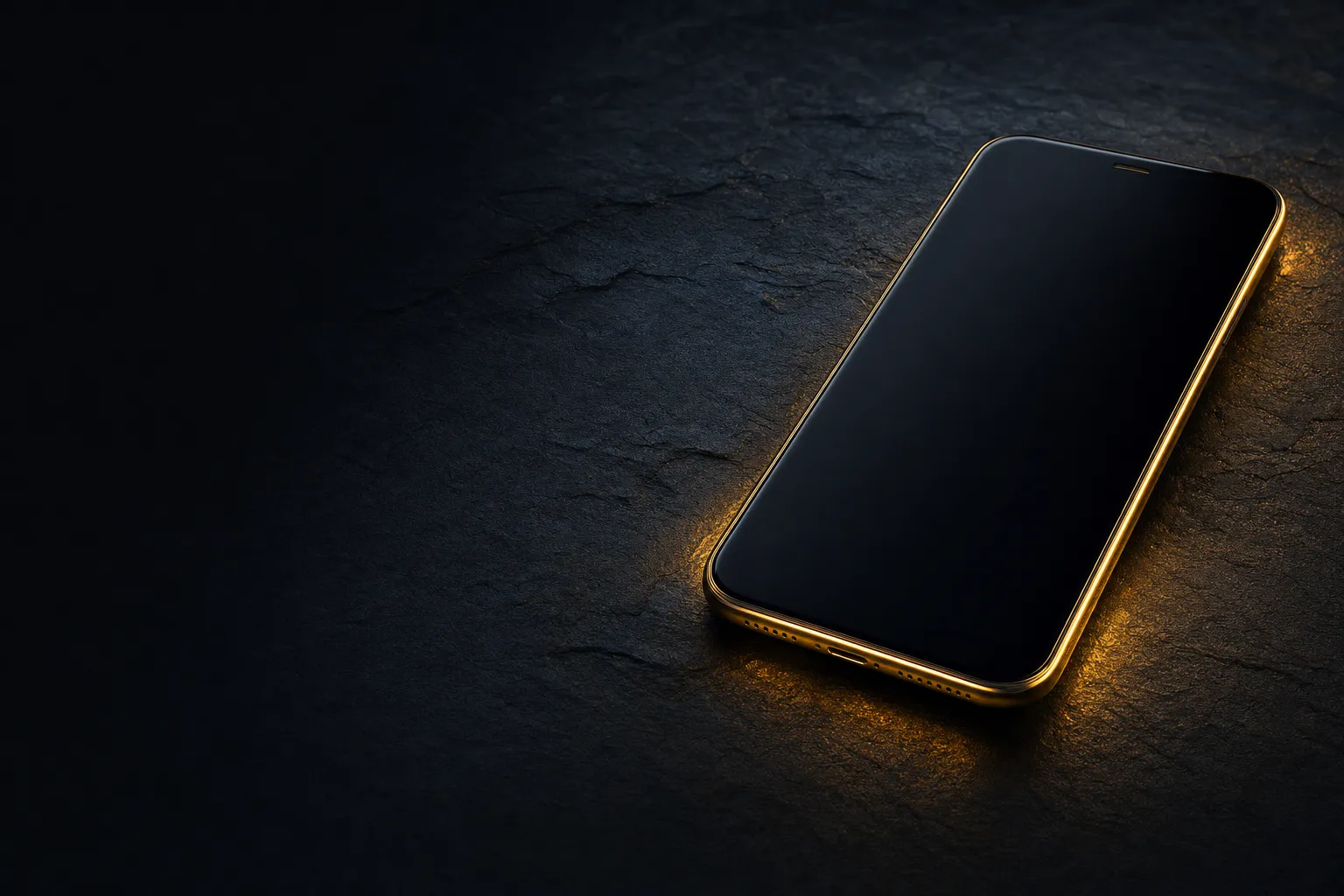 Modern smartphone face-up on dark slate surface, screen blank with warm gold edge glow and amber reflection, cinematic low-ke