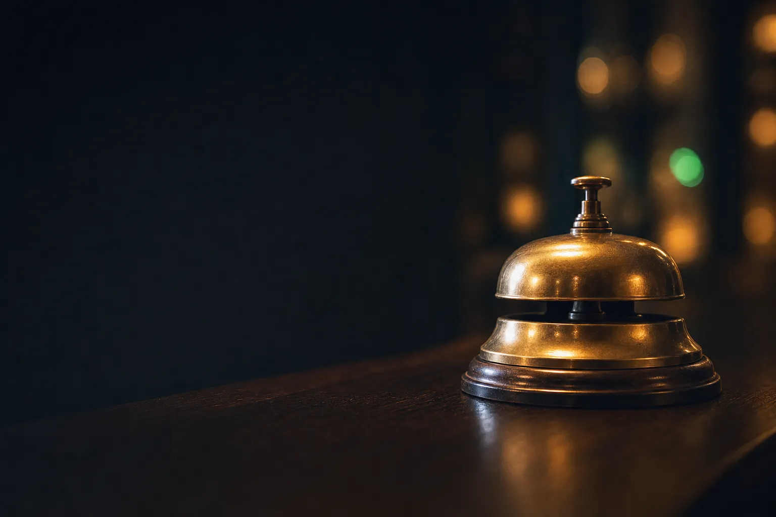 Polished vintage brass service bell on a dark wooden counter with warm gold highlights and soft bokeh lights in the backgroun