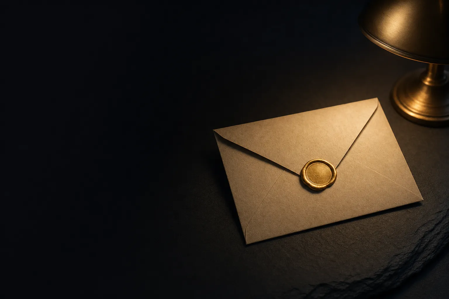 Sealed plain paper envelope with gold wax seal on dark slate, warm desk-lamp glow, deep charcoal background with cinematic lo